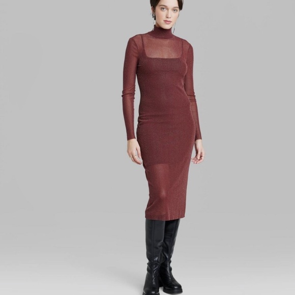 ❤️SOLD ❤️ Wine Glitter Sheer Ling sleeve Dress - Picture 2 of 3